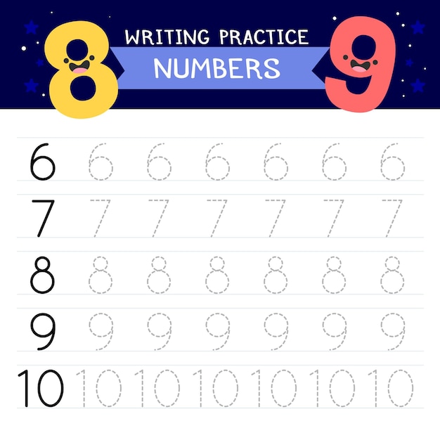 Numbers tracing template with happy numbers