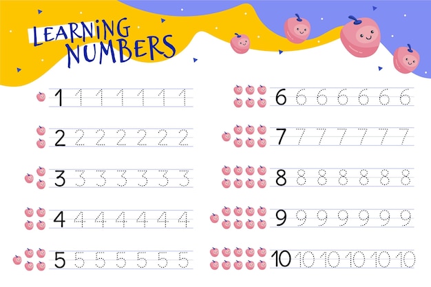 Numbers tracing worksheet with illustrations