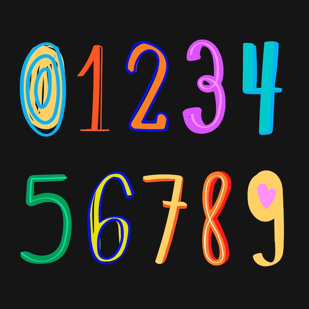 Free vector numbers vector doodle typography font style colorful set