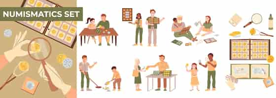 Free vector numismatics flat composition set with numismatist kit and people collecting coins isolated vector illustration