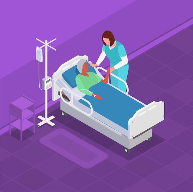 Nurse caring for an elderly woman in a hospital bed isometric illustration