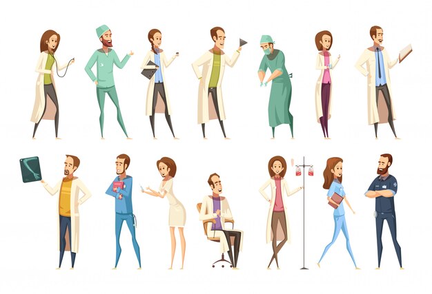 Набор персонажей медсестры в мультяшном стиле ретро с участием мужчин и женщин