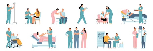 Vettore gratuito le icone piane dell'infermiera impostate con scene di servizio medico professionale hanno isolato l'illustrazione vettoriale