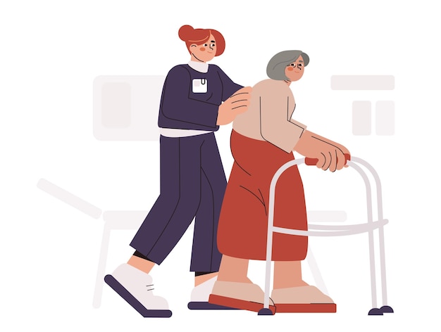 Медсестра помогает пожилой женщине ходить с ходунками