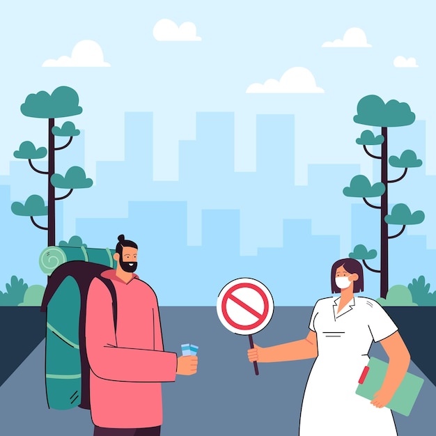 Nurse in mask showing stop sign to tourist with tickets. safety or prevention measures from coronavirus flat vector illustration. tourism, health concept for banner, website design or landing web page