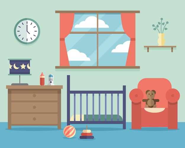Интерьер детской комнаты ребенка с мебелью в плоский. Дизайн спальни в доме