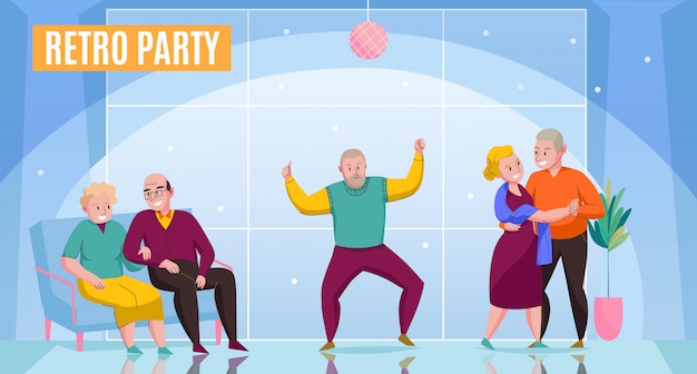 Free vector nursery home elderly couples single residents enjoying retro party dancing dating communication occasion flat poster vector illustration