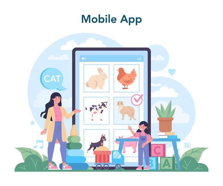 Free Vector nursery teacher online service or platform professional nany kindergartener in a day care center preschool education mobile app vector illustration