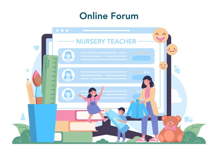 Free Vector nursery teacher online service or platform professional nany kindergartener in a day care center preschool education online forum vector illustration