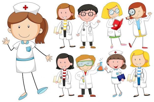 Nurses and doctors on white background