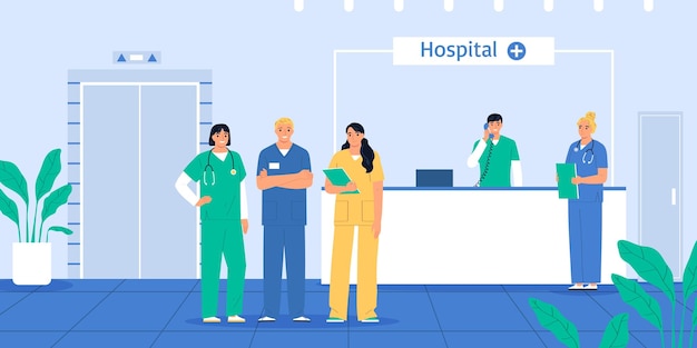 Free vector nurses flat composition with medical staff on hospital reception vector illustration