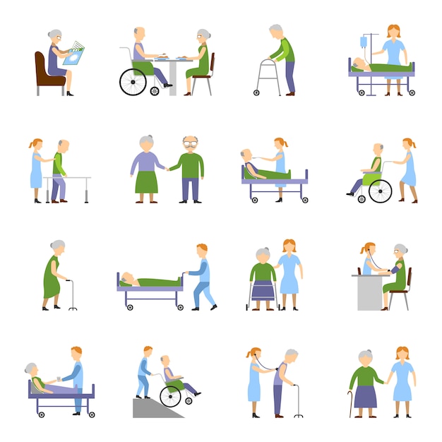 Vettore gratuito set di icone di anziani di professione d'infermiera