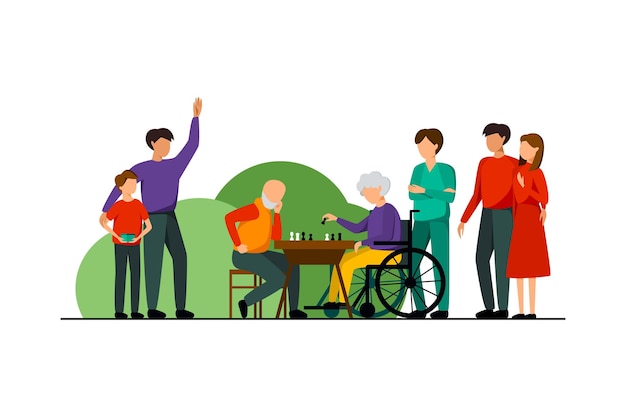 Free vector nursing home characters flat composition families visit their relatives who play chess vector illustration