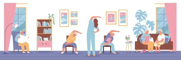 Free vector nursing home composition mornings in the common room where elders talk to each other read newspaper and do exercises with nurse vector illustration