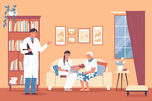 Free vector nursing home doctor composition doctor and  nurse pair up to monitor her health and take the old ladys blood pressure vector illustration