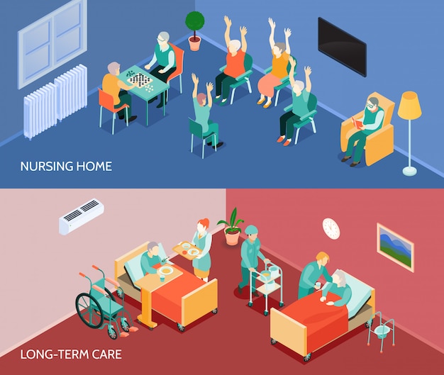 Free vector nursing home isometric horizontal banners