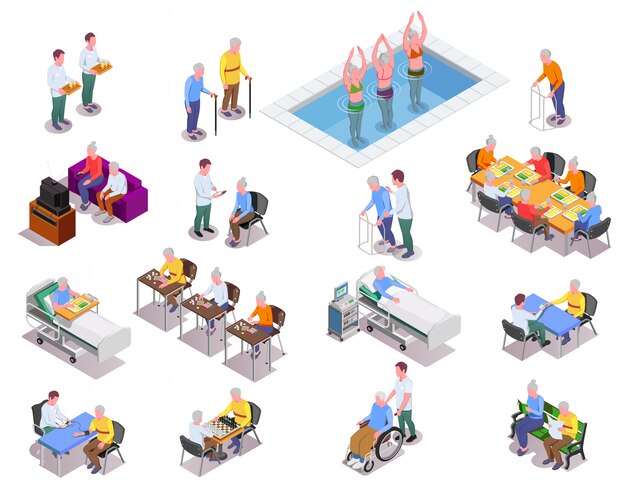 Nursing home isometric icons set with staff  monitoring patients and elderly people playing sport exercises or board games isolated