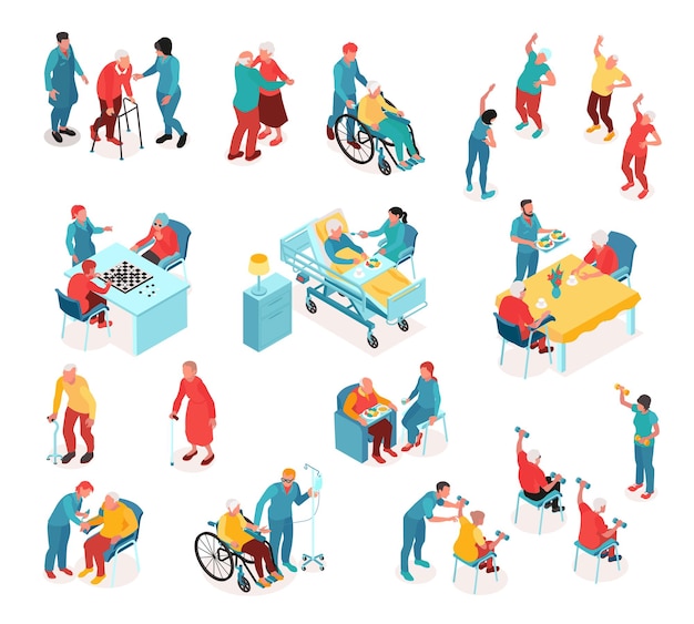Изометрический набор дома престарелых с персоналом, наблюдающим за пациентами-инвалидами и пожилыми людьми, играющими в спортивные упражнения или настольные игры, изолированные векторные иллюстрации