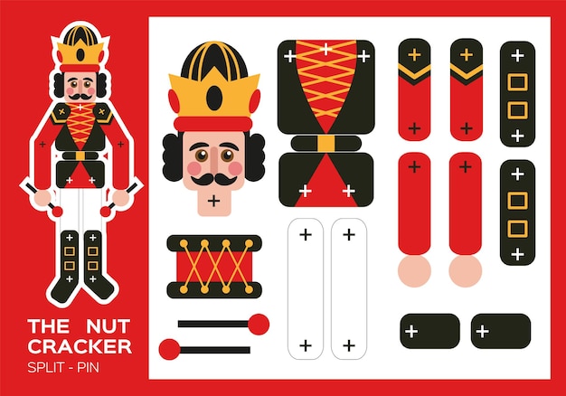 Nutcracker split-pin paper cut game. christmas craft activity for kids. enjoy fine motor skills. new year making puppet shows and poses. diy soldier. worksheets for kids. vector