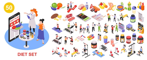 Free vector nutrition and fitness big set with sports symbols isometric isolated vector illustration