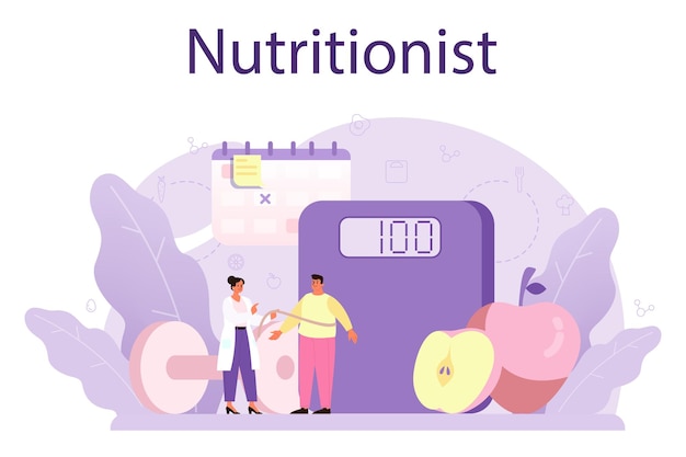栄養士の概念健康的な食事と身体活動を伴う栄養療法減量プログラムと食事療法の概念漫画風のベクトル図