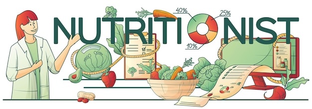 Composizione dietista dietista nutrizionista con testo circondato da grafico radiale di scale di alimenti maturi e illustrazione vettoriale medico femminile