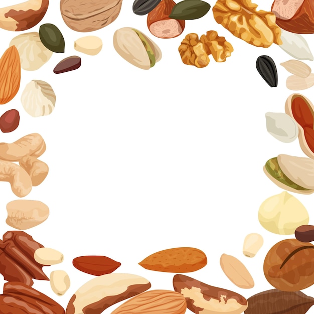 無料ベクター 異なる色のベクトル図の豆の画像に囲まれた空のスペースを持つナッツと種子のフラットな構成