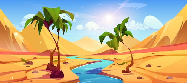 Free vector oasis in desert covered with sand hills with river and palm trees on banks over sunny sky with clouds cartoon vector illustration of water stream flowing in hot drought southern landscape