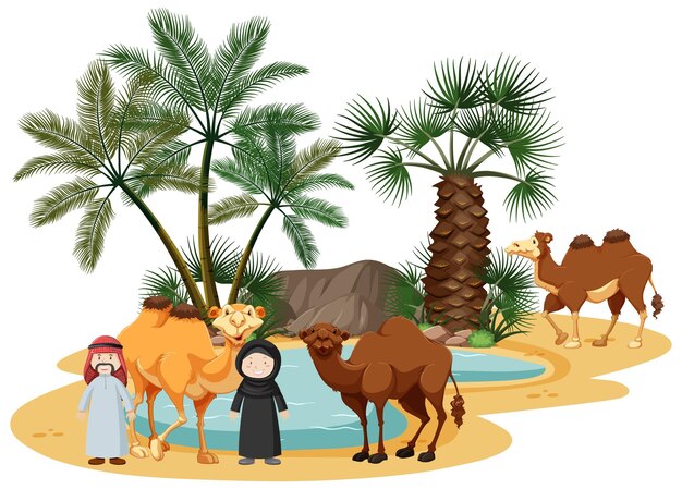 Oasis in desert with camel and nature elements
