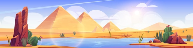 Free vector oasis in egypt desert cartoon vector background egyptian pyramid landscape illustration with nile water in africa calm lake in sahara and sun beam light and cloud in sky summer panoramic design