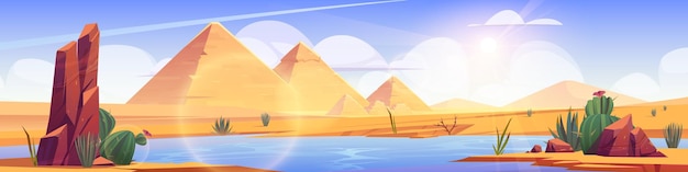 無料ベクター エジプトのオアシス砂漠漫画のベクトルの背景アフリカのナイル川の水とエジプトのピラミッド風景イラストサハラ砂漠の穏やかな湖と太陽の光と雲空夏のパノラマ デザイン