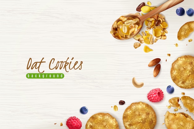 Free vector oatmeal cookies realistic background with scattered oat flakes grains and fresh berries  illustration