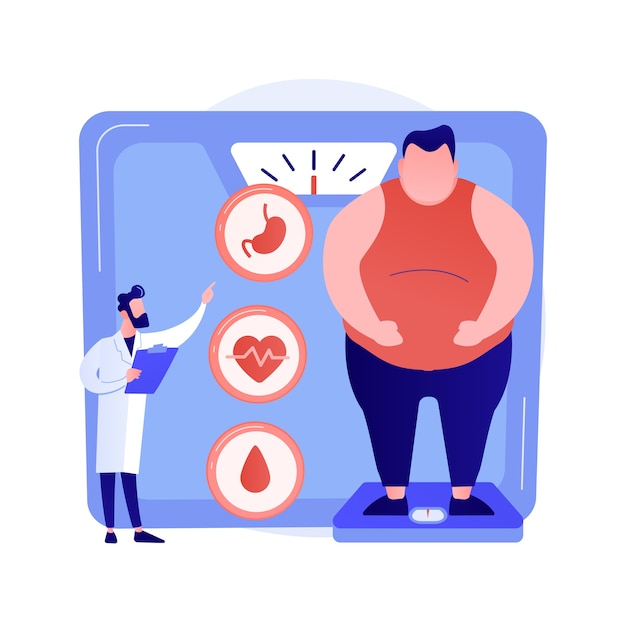 Free vector obesity problem. overweight man medical consultation and diagnostics. negative impact of obesity on humans health and internal organs. vector isolated concept metaphor illustration