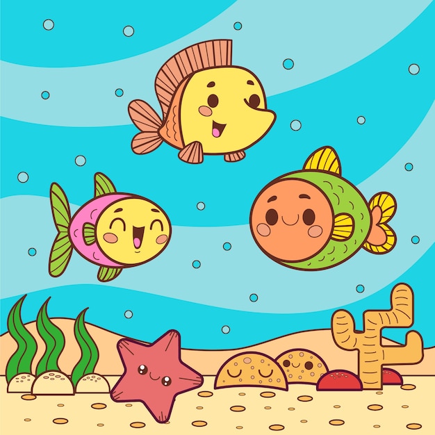 Ocean animals in kawaii style