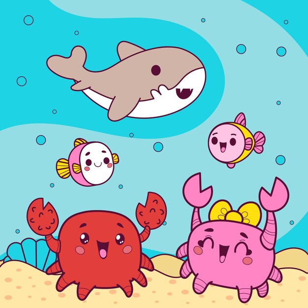 Ocean animals in kawaii style
