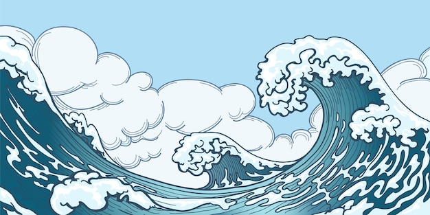 日本の波 日本の大きな波 荒れ狂う海とヴィンテージの海の水のイラスト プレミアムベクター