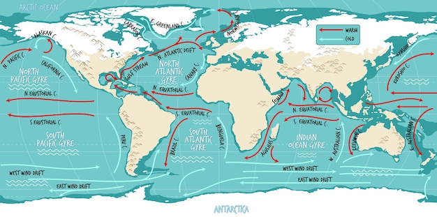 Vettore gratuito la mappa del mondo attuale dell'oceano con i nomi