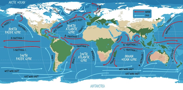 Vettore gratuito la mappa del mondo attuale dell'oceano con i nomi