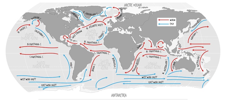 Free Vector the ocean current world map with names