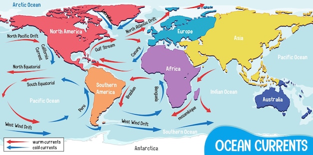 Vettore gratuito correnti oceaniche sullo sfondo della mappa del mondo