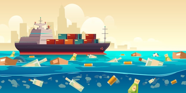 Free vector ocean plastic garbage pollution with ship illustration