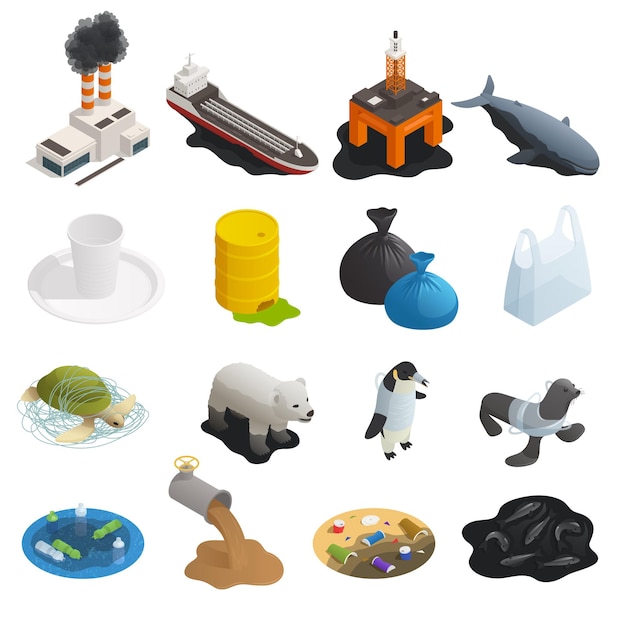 Free vector ocean pollution isolated set with sixteen isolated icons of waste materials and items on blank background vector illustration