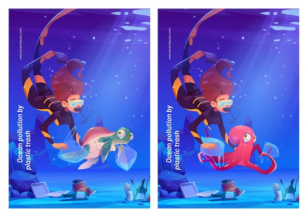 Free vector ocean pollution with plastic trash cartoon posters