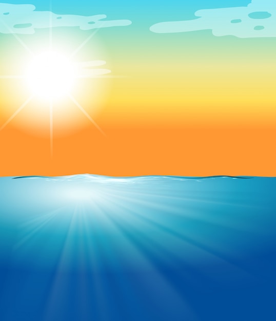 Бесплатное векторное изображение Сцена океана с синим морем и ярким солнцем
