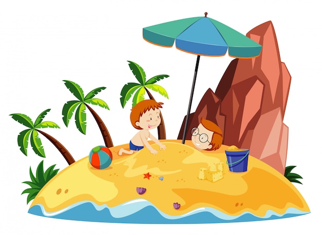 島で砂で遊ぶ男の子と海のシーン