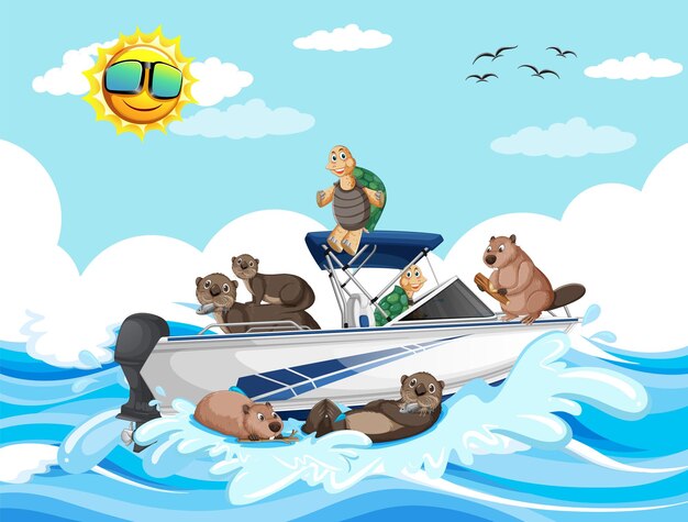 Ocean scene with group of animals on speedboat