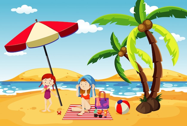 Free vector ocean scene with people having fun on the beach