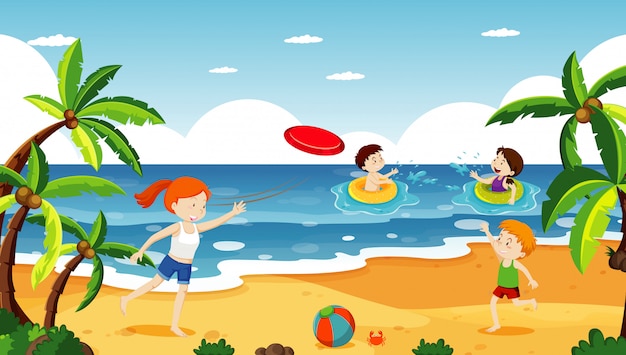 Free vector ocean scene with people having fun on the beach