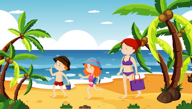 Free vector ocean scene with people having fun on the beach