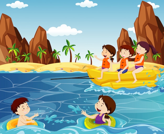 Free vector ocean scene with people having fun on the beach